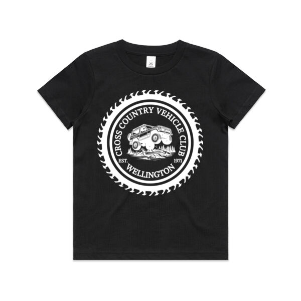 CCVC Wheel Print White on Black - Front of garment - AS Colour Kids Youth T shirt Thumbnail