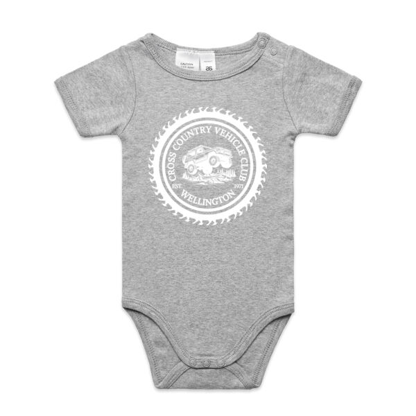 CCVC Wheel Print White on Black - Front of garment - AS Colour Organic Infant Mini-Me One-Piece Thumbnail